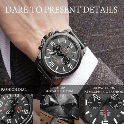 Curren 8314 Sports Six-Hand Waterproof Leather Strap Calendar Men Quartz Watch, Black Shell Khaki, Black Shell White, Black Shell Red, Black Shell Gray, White Shell White, White Shell Blue
