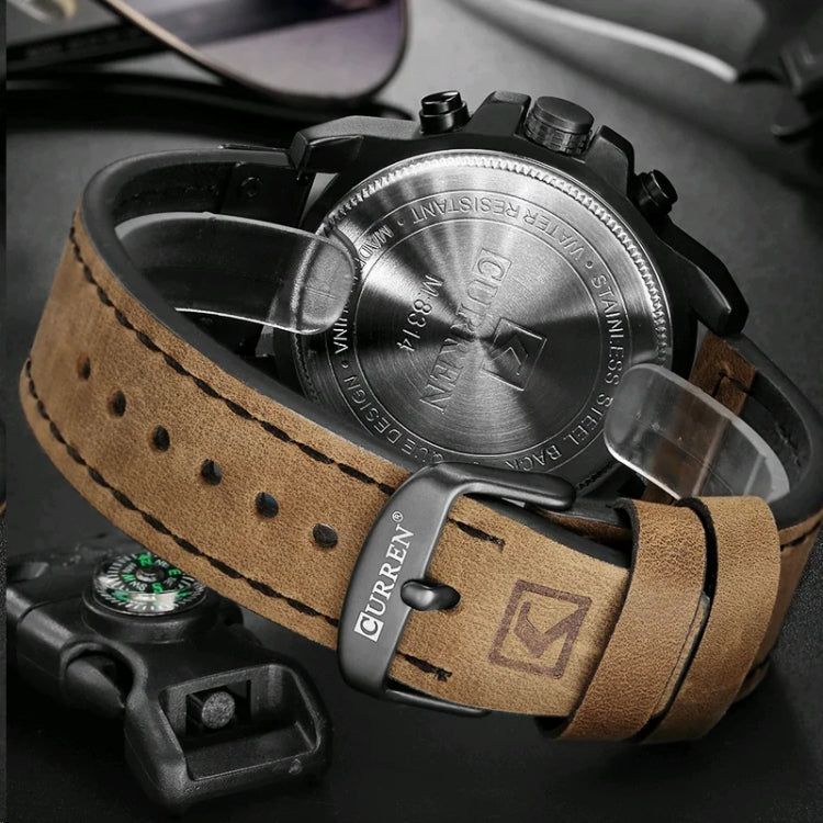 Curren 8314 Sports Six-Hand Waterproof Leather Strap Calendar Men Quartz Watch, Black Shell Khaki, Black Shell White, Black Shell Red, Black Shell Gray, White Shell White, White Shell Blue