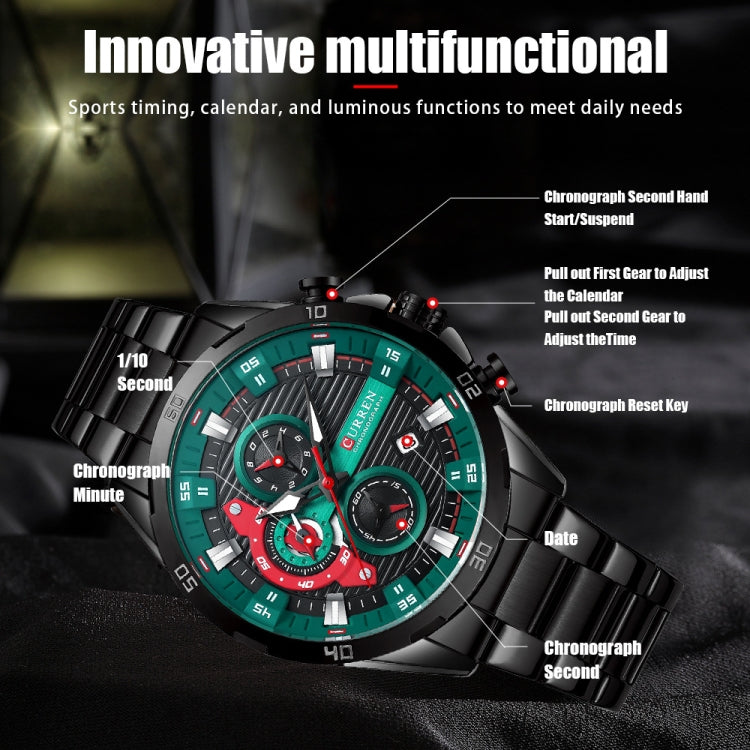 Curren 8402 Calendar Six-Hand Steel Strap Business Quartz Watch, Rose Shell Blue, Rose Shell Black, Black Shell Green, White Shell Black