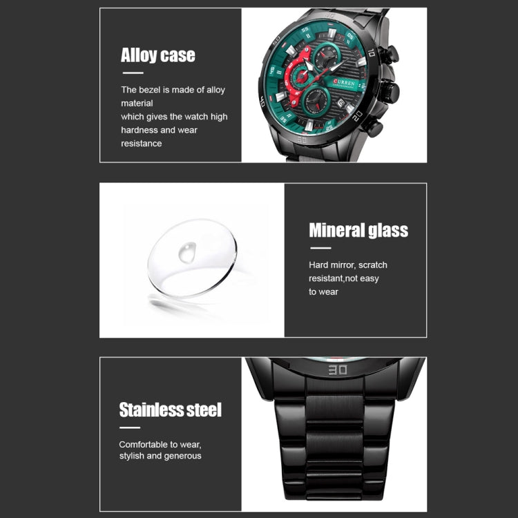 Curren 8402 Calendar Six-Hand Steel Strap Business Quartz Watch, Rose Shell Blue, Rose Shell Black, Black Shell Green, White Shell Black