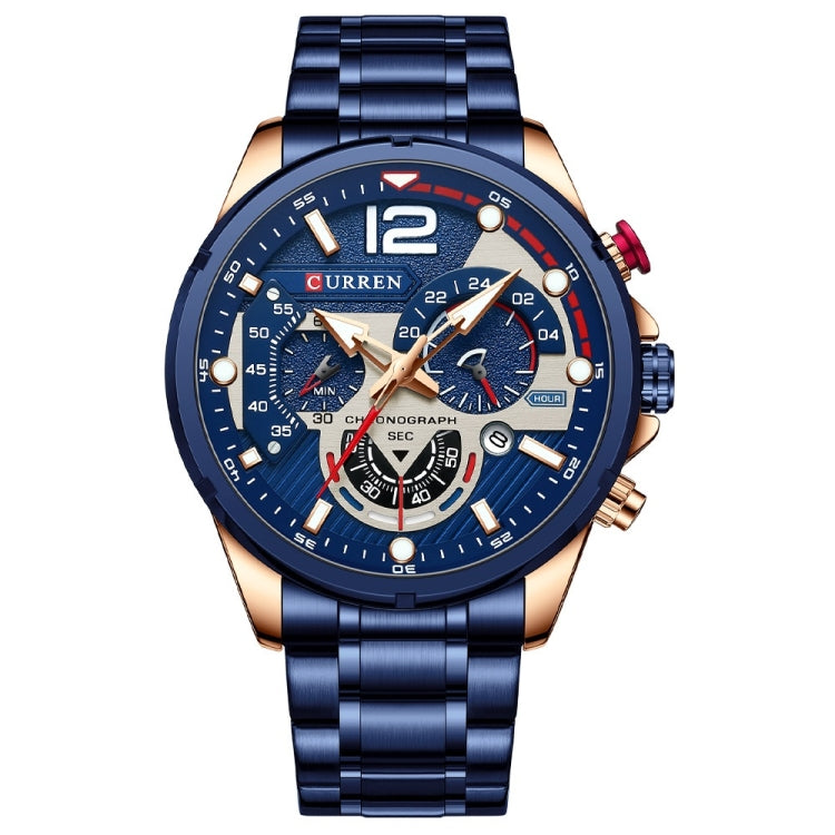 Curren 8395 Calendar Six-Hand Steel Strap Men Quartz Watch, Rose Shell Blue, Golden Shell Black, Black Shell Black, Black Shell Green, White Shell Black