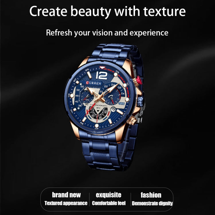Curren 8395 Calendar Six-Hand Steel Strap Men Quartz Watch, Rose Shell Blue, Golden Shell Black, Black Shell Black, Black Shell Green, White Shell Black