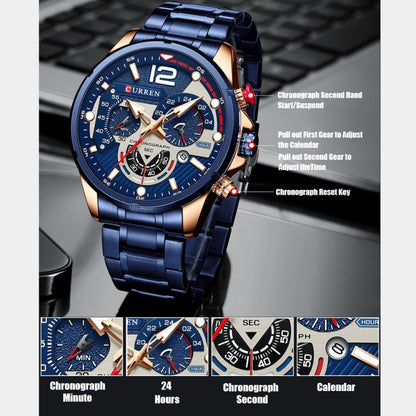 Curren 8395 Calendar Six-Hand Steel Strap Men Quartz Watch, Rose Shell Blue, Golden Shell Black, Black Shell Black, Black Shell Green, White Shell Black