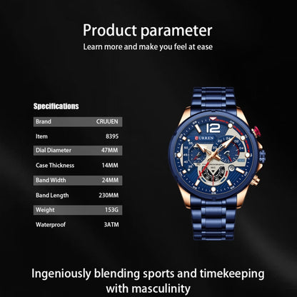 Curren 8395 Calendar Six-Hand Steel Strap Men Quartz Watch, Rose Shell Blue, Golden Shell Black, Black Shell Black, Black Shell Green, White Shell Black