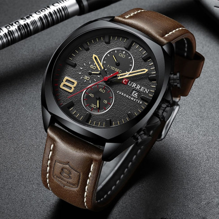 Curren 8324 Six-hand Leather Strap Waterproof Men Watch With Calendar, Black Shell Coffee, Black Shell Khaki, White Shell Black, White Shell White