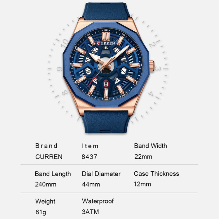 Curren 8437 Casual Men Silicone Strap Quartz Watch with Calendar, White Shell Gray, White Shell Black, Black Shell Green, Rose Blue Blue, Black Shell Black Orange Strap