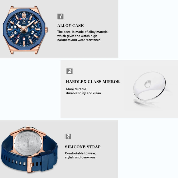 Curren 8437 Casual Men Silicone Strap Quartz Watch with Calendar, White Shell Gray, White Shell Black, Black Shell Green, Rose Blue Blue, Black Shell Black Orange Strap