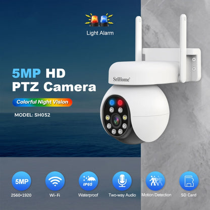 SriHome SH052 Wifi 5MP Wireless PTZ IP AI Auto Tracking Sound&Light Alarm Starlight Color Night Vision Outdoors Surveillance Camera, EU, US, UK, AU