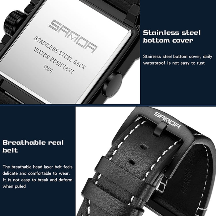 SANDA 5304 Quartz Men Watch Three Eyes Six Stitches Simple Calendar Waterproof Waist Watch
