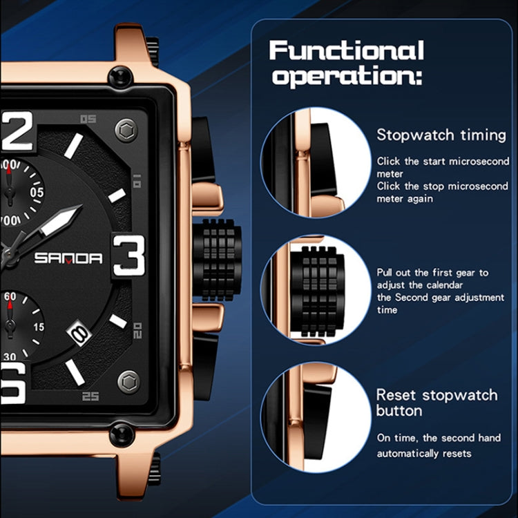 SANDA 5304 Quartz Men Watch Three Eyes Six Stitches Simple Calendar Waterproof Waist Watch