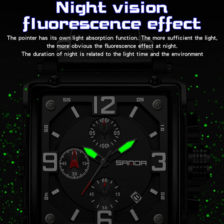 SANDA 5304 Quartz Men Watch Three Eyes Six Stitches Simple Calendar Waterproof Waist Watch
