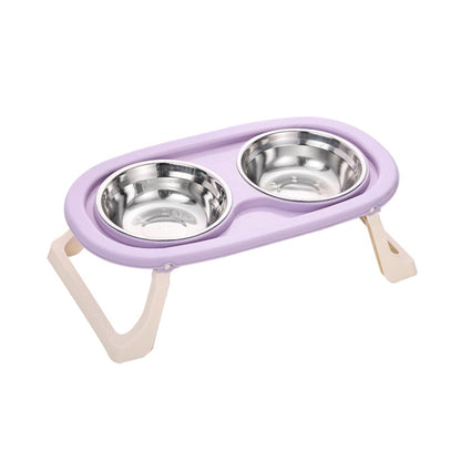 Collapsible Pet Bowl Eating Drinking Bowl Neck Guard Tall Double Bowl, Stainless Steel White, Stainless Steel Purple, Stainless Steel Green, PP White, PP Purple, PP Green