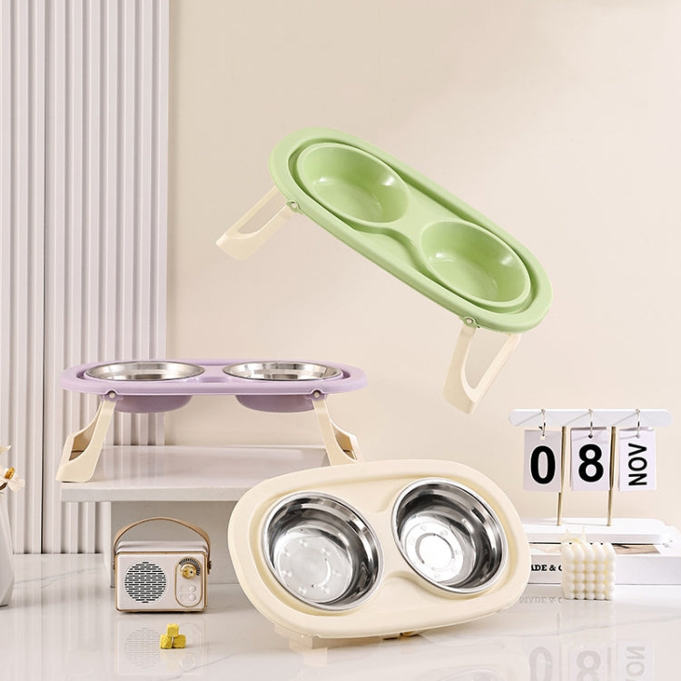 Collapsible Pet Bowl Eating Drinking Bowl Neck Guard Tall Double Bowl, Stainless Steel White, Stainless Steel Purple, Stainless Steel Green, PP White, PP Purple, PP Green