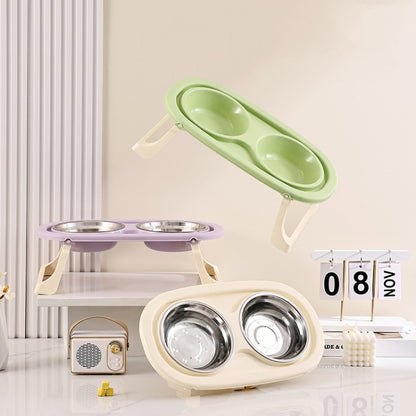 Collapsible Pet Bowl Eating Drinking Bowl Neck Guard Tall Double Bowl, Stainless Steel White, Stainless Steel Purple, Stainless Steel Green, PP White, PP Purple, PP Green