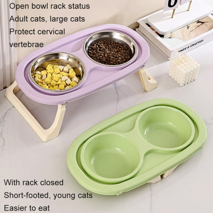Collapsible Pet Bowl Eating Drinking Bowl Neck Guard Tall Double Bowl, Stainless Steel White, Stainless Steel Purple, Stainless Steel Green, PP White, PP Purple, PP Green