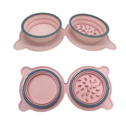 Silicone Folding Pet Bowl Outdoor Portable Double Bowl Anti-Sigh Slowly Eclipse Retractable Dog Pot