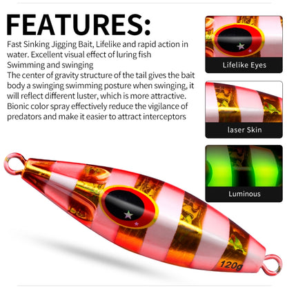 PROBEROS LF124 Deep Sea Iron Plate Lead Fish Fishing Lure Slow Sinking Rocking Luminous Boat Fishing Bait, 30g, 40g, 60g, 80g, 100g, 120g