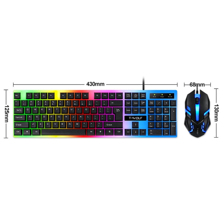 T-WOLF TF230 Colorful Light Effect Game Office Computer Wired Keyboard and Mouse Kit, TF230 (Black)