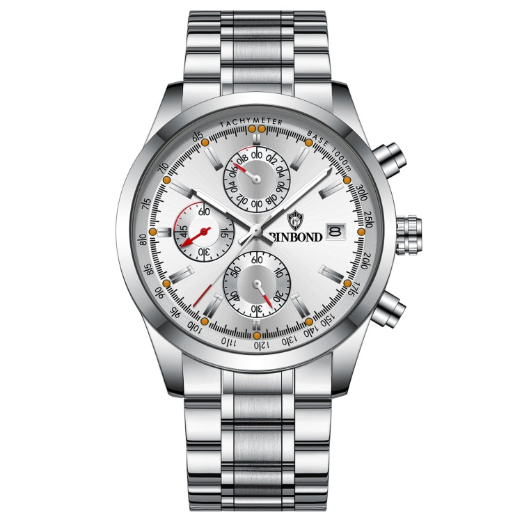 BINBOND B6022 30m Waterproof Luminous Multifunctional Quartz Watch, Leather-White Steel-Blue, Leather-White Steel-White, White Steel-White, Black Steel-Black, Black Steel-Blue