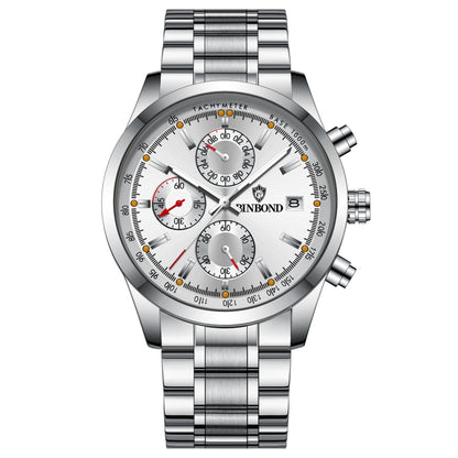 BINBOND B6022 30m Waterproof Luminous Multifunctional Quartz Watch, Leather-White Steel-Blue, Leather-White Steel-White, White Steel-White, Black Steel-Black, Black Steel-Blue