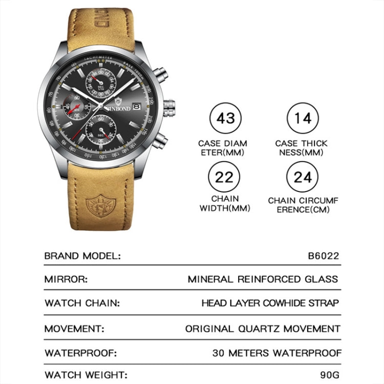 BINBOND B6022 30m Waterproof Luminous Multifunctional Quartz Watch, Leather-White Steel-Blue, Leather-White Steel-White, White Steel-White, Black Steel-Black, Black Steel-Blue