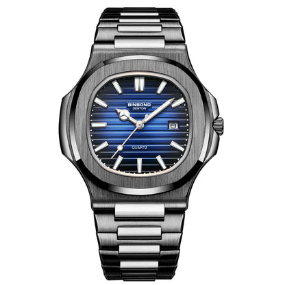 BINBOND B1885 30m Waterproof Retro Luminous Square Men Quartz Watch, Black Steel-Blue-White