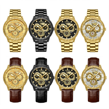 BINBOND B3030 Embossed Dragon Luminous Waterproof Quartz Watch, Full-gold Black, White Steel-White