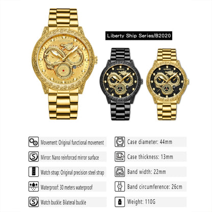 BINBOND B3030 Embossed Dragon Luminous Waterproof Quartz Watch, Full-gold Black, White Steel-White