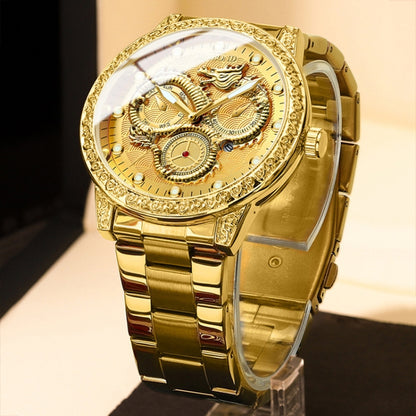 BINBOND B3030 Embossed Dragon Luminous Waterproof Quartz Watch, Full-gold Black, White Steel-White