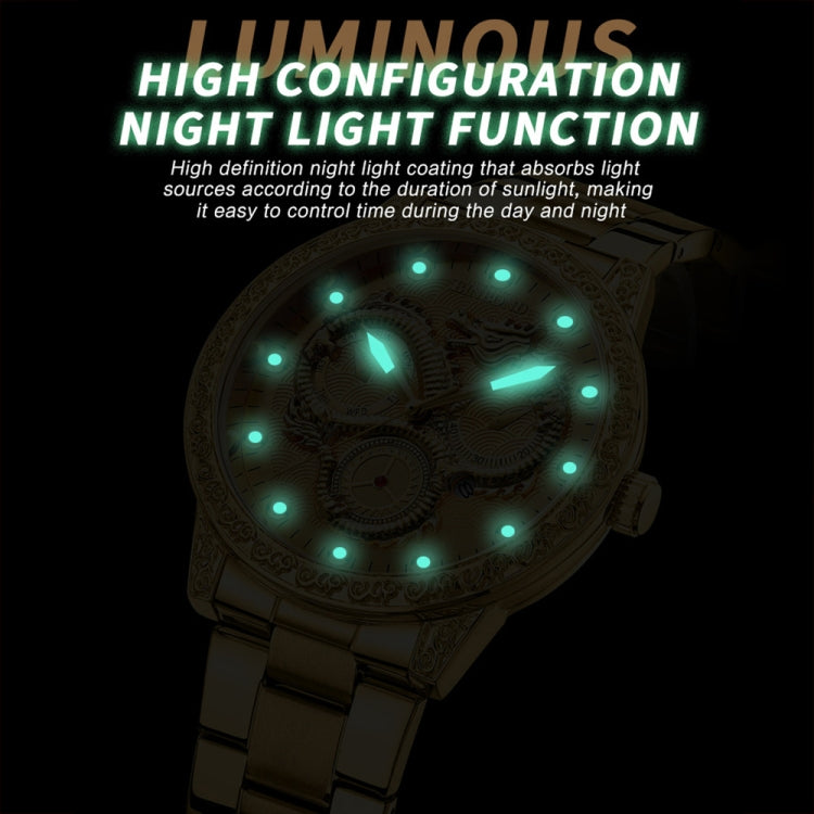 BINBOND B3030 Embossed Dragon Luminous Waterproof Quartz Watch, Full-gold Black, White Steel-White