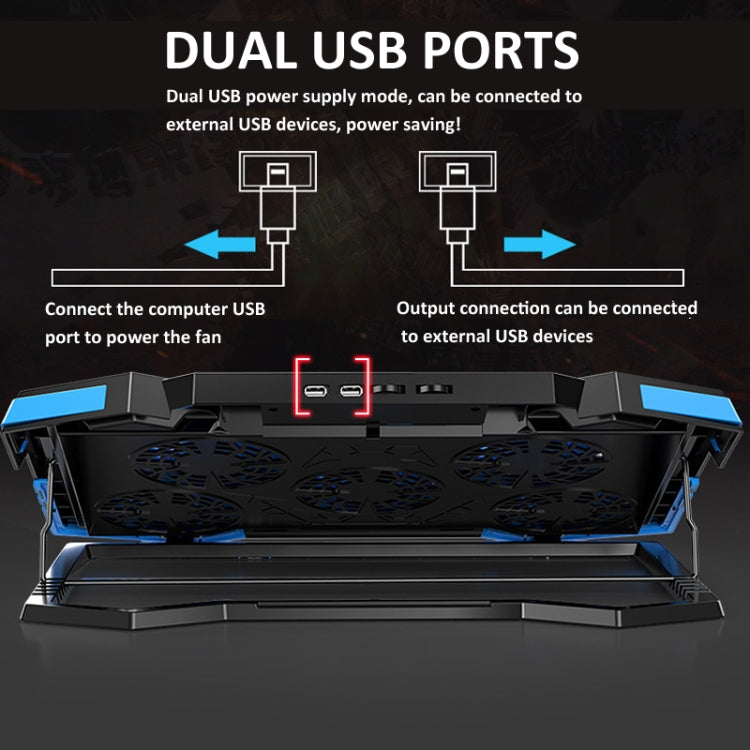 NUOXI 5 Fans Laptop Radiator Bracket Height Adjustable with Dual USB Ports, 5 Fans Black and Red, 5 Fans Black and Blue