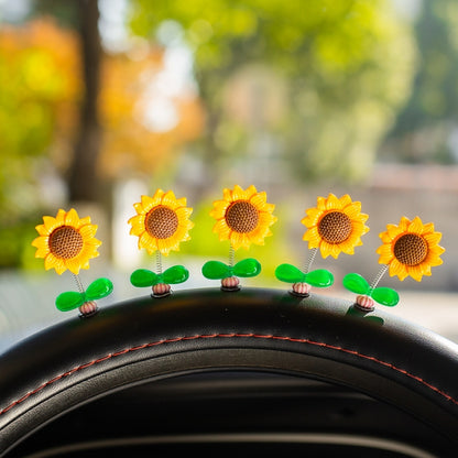 5pcs /Set Cute Sunflower Car Ornament Car Center Console Shaking Flowers Decoration, A Model, A Model Transparent Leaves, A Model Green Leaves