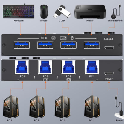 KC-KM434B USB3.0 4 Port USB Shared Device 4 Port Printer Sharing Device Keyboard Mouse Switch, KC-KM434B