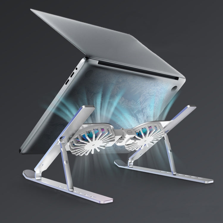 C9 Pro RGB Ambient Light Foldable Fan Cooling Laptop Aluminum Alloy Heightening Stand, Silver, Gray