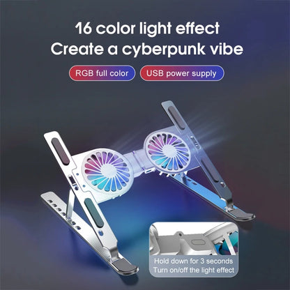 C9 Pro RGB Ambient Light Foldable Fan Cooling Laptop Aluminum Alloy Heightening Stand, Silver, Gray