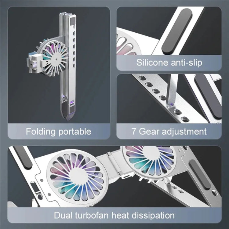 C9 Pro RGB Ambient Light Foldable Fan Cooling Laptop Aluminum Alloy Heightening Stand, Silver, Gray