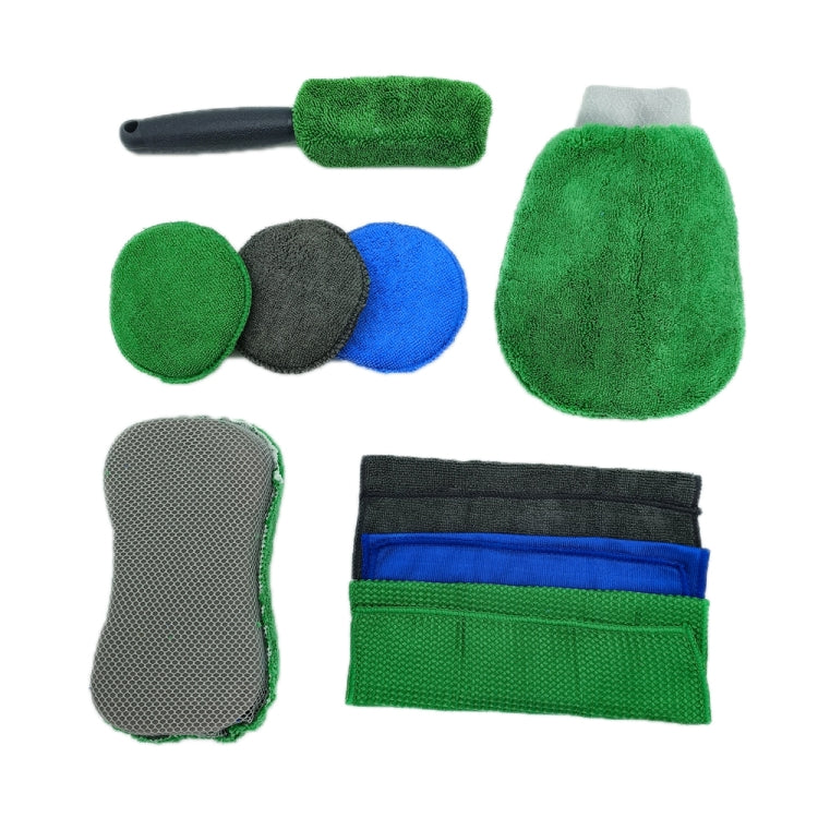 9pcs /Set Car Detailing Gloves Rags Waxing Cleaning Set, Green
