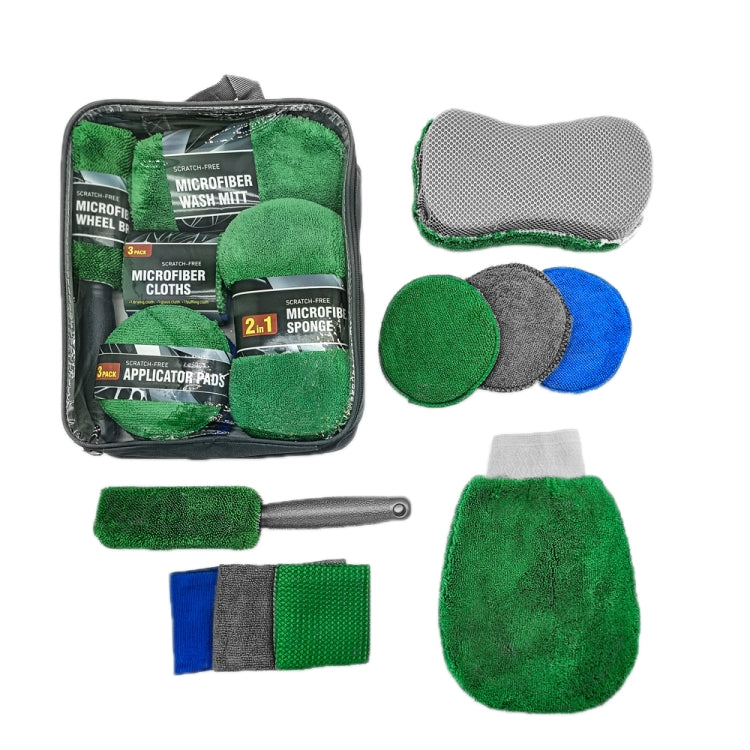 9pcs /Set Car Detailing Gloves Rags Waxing Cleaning Set, Green
