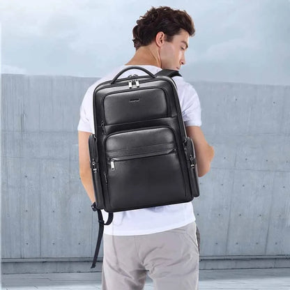 Bopai 61-98611 Large-capacity Waterproof First-layer Cowhide Laptop Backpack With USB+Type-C Port, 61-98611