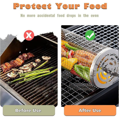 Upgrade Flip-Top Lid BBQ Cage Stainless Steel Rolling Grilling Basket, Small, Large, Small+Large
