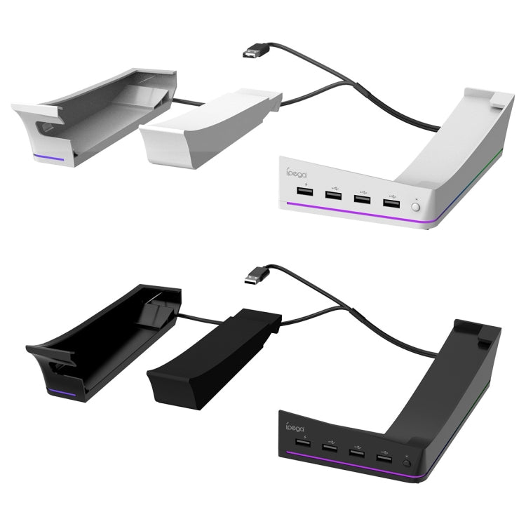 For Sony PS5 Slim IPEGA PG-P5S021 RGB Light Host Horizontal Stand With 4 USB HUBs, White