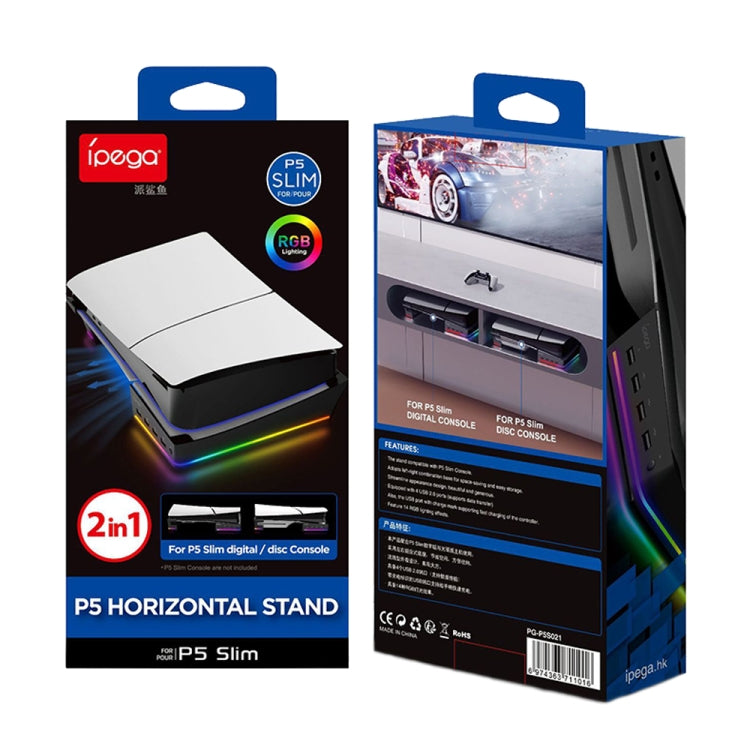 For Sony PS5 Slim IPEGA PG-P5S021 RGB Light Host Horizontal Stand With 4 USB HUBs, White
