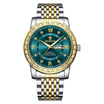BINBOND B2202 Diamond Dual-calendar Luminous Quartz Watch, Inter-gold-Blue, Inter-gold-Green, Inter-gold-Black, Inter-gold-White, Full-gold-Gold, Full-gold-Black, White Steel-Blue, White Steel-Black