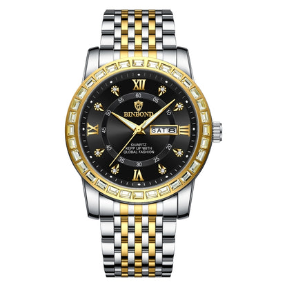 BINBOND B2202 Diamond Dual-calendar Luminous Quartz Watch, Inter-gold-Blue, Inter-gold-Green, Inter-gold-Black, Inter-gold-White, Full-gold-Gold, Full-gold-Black, White Steel-Blue, White Steel-Black