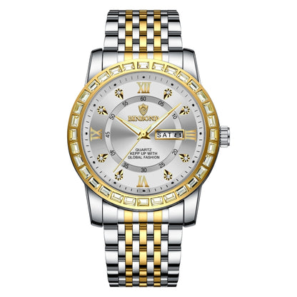 BINBOND B2202 Diamond Dual-calendar Luminous Quartz Watch, Inter-gold-Blue, Inter-gold-Green, Inter-gold-Black, Inter-gold-White, Full-gold-Gold, Full-gold-Black, White Steel-Blue, White Steel-Black