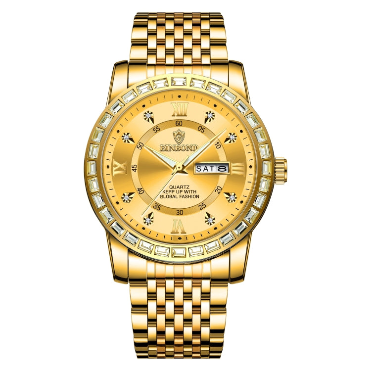 BINBOND B2202 Diamond Dual-calendar Luminous Quartz Watch, Inter-gold-Blue, Inter-gold-Green, Inter-gold-Black, Inter-gold-White, Full-gold-Gold, Full-gold-Black, White Steel-Blue, White Steel-Black