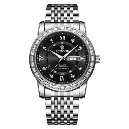 BINBOND B2202 Diamond Dual-calendar Luminous Quartz Watch, Inter-gold-Blue, Inter-gold-Green, Inter-gold-Black, Inter-gold-White, Full-gold-Gold, Full-gold-Black, White Steel-Blue, White Steel-Black