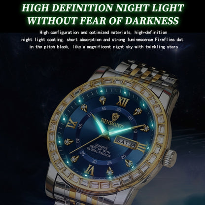 BINBOND B2202 Diamond Dual-calendar Luminous Quartz Watch, Inter-gold-Blue, Inter-gold-Green, Inter-gold-Black, Inter-gold-White, Full-gold-Gold, Full-gold-Black, White Steel-Blue, White Steel-Black