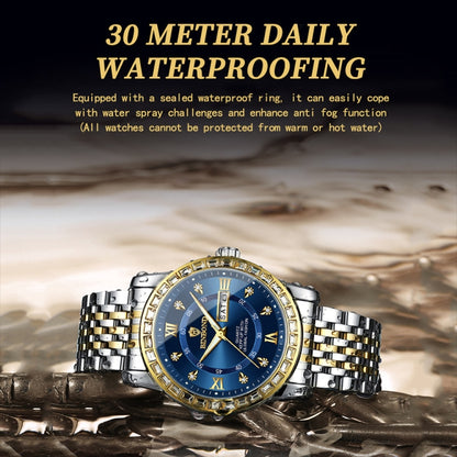 BINBOND B2202 Diamond Dual-calendar Luminous Quartz Watch, Inter-gold-Blue, Inter-gold-Green, Inter-gold-Black, Inter-gold-White, Full-gold-Gold, Full-gold-Black, White Steel-Blue, White Steel-Black