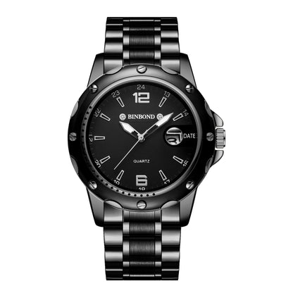 BINBOND B9696 Outdoor Calendar Luminous Waterproof Quartz Watch, Black Steel-Black-White Nail